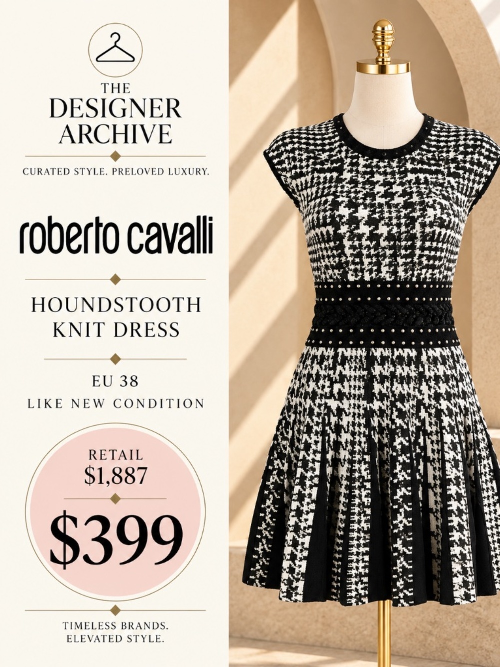 Roberto Cavalli Houndstooth Flared Dress | Black & White Metallic | Size 38